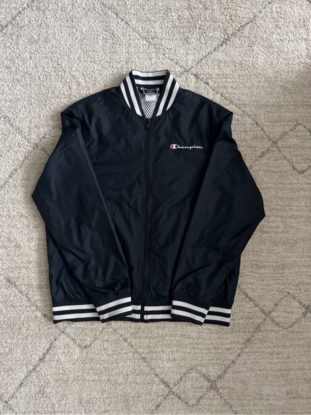 Champion Black Bomber Jacket with White Striped Trim